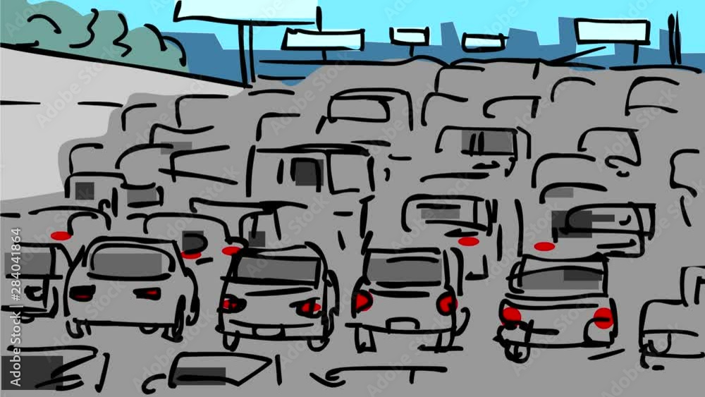 Poster 2d animation motion graphics drawing of an urban gridlock traffic jam crowded or congested with cars