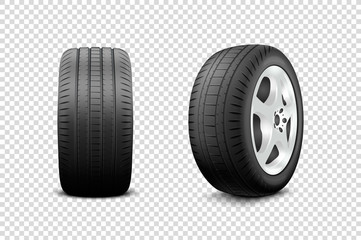 Vector 3d Realistic Render Car Wheel Icon Closeup Isolated on Transparent Background. Design Template of New Tires with Alloy Rims Front and Side View