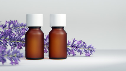 Obraz na płótnie Canvas Essential oil bottle mock up. With lavender flower. White background. Body care and aromatherapy concept. 3D illustration.