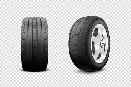 Vector 3d Realistic Render Car Wheel Icon Closeup Isolated On Transparent Background. Design Template Of New Tires With Alloy Rims Front And Side View