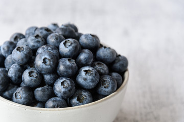 Close up of fresh blueberries in a white ceramic bowl on a light gray background