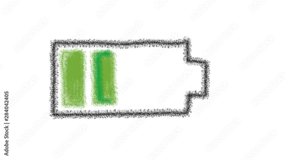 Poster 2d animation motion graphics drawing of a battery charging symbol or icon on white with alpha matte 