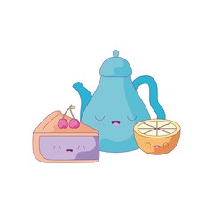 cute teapot with sliced cake and orange kawaii style