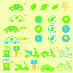 Electric Eco Vehicle, Go Green Car and Motorcycle with Charging Station pluged and unpluged, Icon Logo Avatar Set