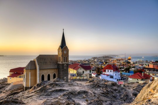 Evening atmosphere above the rock church and the city of L&cedil;deritz, Namibia, Africa