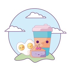 bottle drink with set food in landscape kawaii style