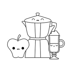 teapot with drink and apple kawaii style