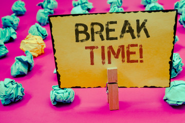 Conceptual hand writing showing Break Time Motivational Call. Business photo showcasing Moment to stop working Get relax PauseClothespin hold holding Yellow paper ideas crumpled papers