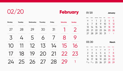 FEBRUARY PAGE. 12 Months Premium 2020 Calendar Grid Set. Table, Wall, Desk, Quarter Diary Calendar 2020 Year Design. Clean, Simple Diary Planner. Vector, Editable