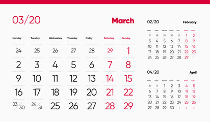 MARCH PAGE. 12 Months Premium 2020 Calendar Grid Set. Table, Wall, Desk, Quarter Diary Calendar 2020 Year Design. Clean, Simple Diary Planner. Vector, Editable