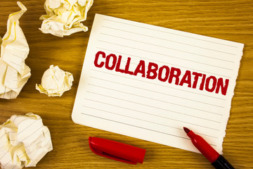 Word writing text Collaboration. Business concept for Global industries partnership with teamwork to help others win written Tear Notepad paper wooden background Marker Paper Balls next to it