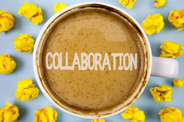 Conceptual hand writing showing Collaboration. Business photo text Global industries partnership with teamwork to help others win written Coffee in Cup within Paper Balls plain background.
