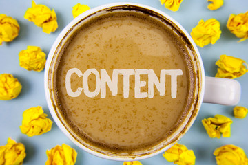 Conceptual hand writing showing Content. Business photo text Website containing exclusive and containing rich information written Coffee in Cup within Paper Balls plain background.