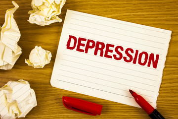 Word writing text Depression. Business concept for Work stress with sleepless nights having anxiety disorder written Tear Notepad paper wooden background Marker Paper Balls next to it