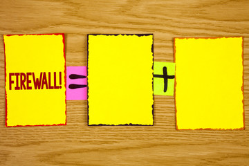 Handwriting text writing Firewall Motivational Call. Concept meaning Malware protection prevents internet frauds written Sticky Note Paper wooden background. Equation with Plus sign.