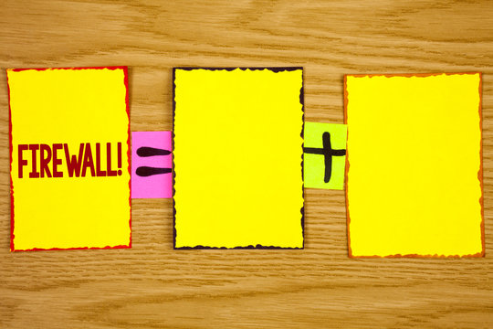 Handwriting text writing Firewall Motivational Call. Concept meaning Malware protection prevents internet frauds written Sticky Note Paper wooden background. Equation with Plus sign.