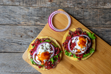 Mexican tortilla toast with chorizo also called 