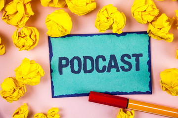 Writing note showing Podcast. Business photo showcasing Online media transmission Multimedia entertainment Digital audio written Sticky note paper within paper balls plain background Pen