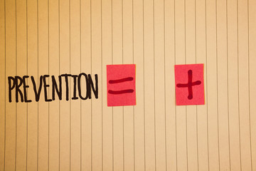 Writing note showing Prevention. Business photo showcasing Stopping something from happening...