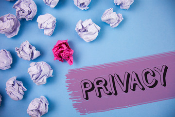 Word writing text Privacy. Business concept for Right to keep personal matters and information as a secret written the Painted background Crumpled Paper Balls next to it.