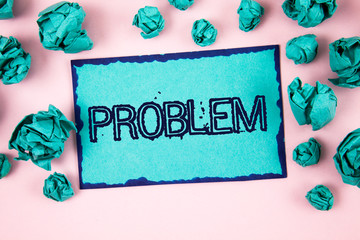 Writing note showing Problem. Business photo showcasing Trouble that need to be solved Difficult Situation Complication written Sticky Note paper plain Pink background Paper Balls.