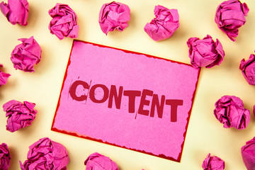 Writing note showing Content. Business photo showcasing Website containing exclusive and containing rich information written Pink Sticky Note Paper plain background Pink Paper Balls.