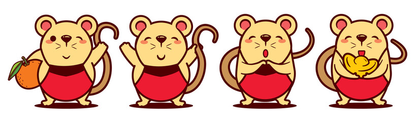 Cartoon cute rat set with Chinese Dodou costume. Chinese New Year. The year of rat. - Vector