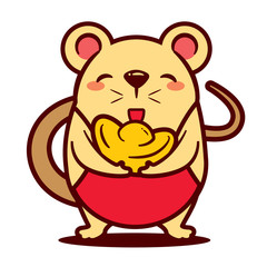 Cute  Rat carries a  Chinese gold ingot. Chinese New Year. The year of the Rat. - Vector