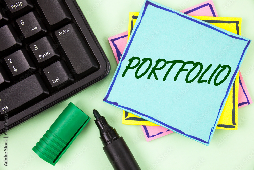 Poster handwriting text writing portfolio. concept meaning examples of work used to apply for a job combina