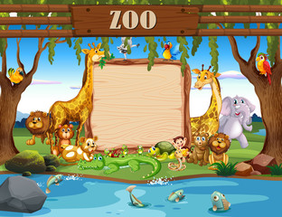 Border template with cute animals at the zoo