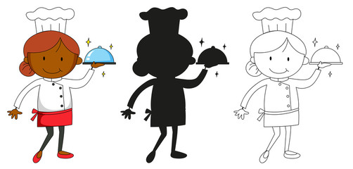 A set of characters in color, silhouette and outline