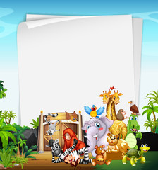 Border template design with cute animals at the zoo