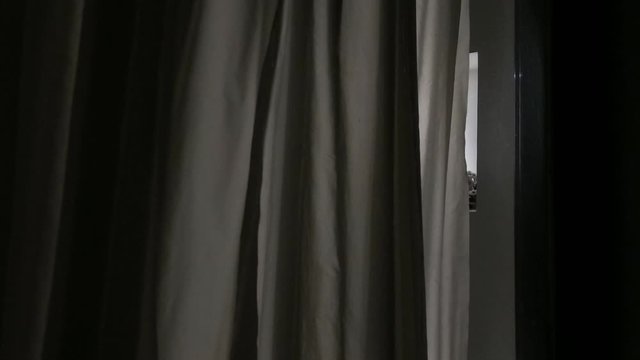 Zooming in to a window and got an amazing view of wind blowing through curtains and showing the artifact of budhist temple placed inside the room's showcase