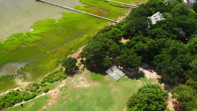 Aerial drone footage of southeastern coastal suburban town Mt Pleasant, South Carolina.