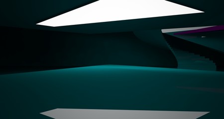 Abstract green minimalistic architectural smooth interior with neon lighting. 3D illustration and rendering.