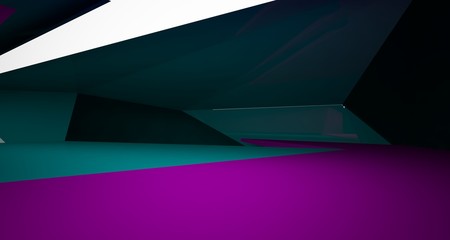 Abstract green minimalistic architectural smooth interior with neon lighting. 3D illustration and rendering.