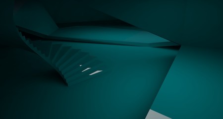 Abstract green minimalistic architectural smooth interior with neon lighting. 3D illustration and rendering.