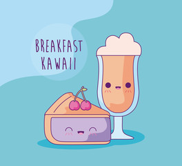 slice cake with coffee drink for breakfast kawaii style