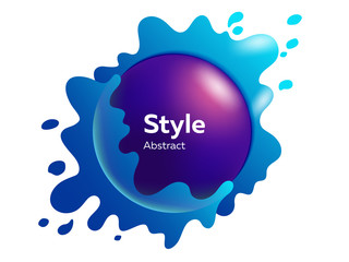 Violet sphere in blue splashes. Abstract flowing shape, round form, text sample. Vector illustration for poster, label, logo, cover design