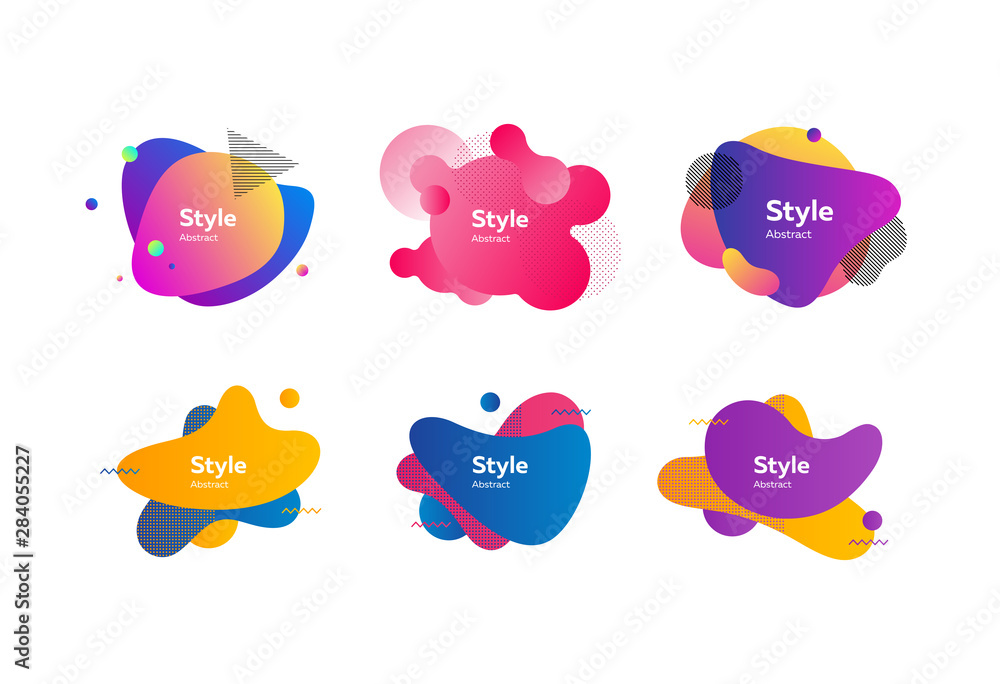 Poster bright multi layer irregular shapes set. multicolored abstract figures and lines with sample text. t