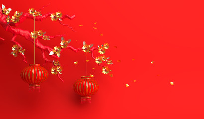 Red gold sakura flower and branch, cherry blossom, chinese lantern lampion. Design creative concept of chinese festival celebration gong xi fa cai. 3D rendering illustration. © sofirinaja