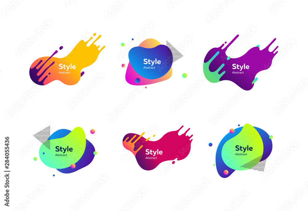 Aufkleber liquid elements with text sample. dynamical colored forms and dots. gradient banners with flowing li