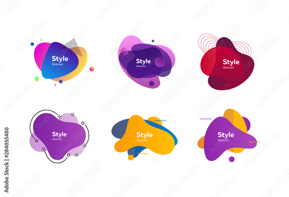Poster multicolored abstract stains set. modern fluid multi layer compositions with sample text. trendy min