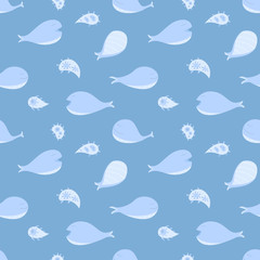 Blue whale in relax action swimming and eating plankton cartoon design seamless pattern. Vector illustration wallpaper and background.