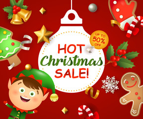 Hot Christmas Sale with Santa boy and ginger bread man on red background. Up to fifty percent lettering can be used for posters, leaflets, announcements