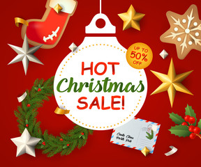 Hot Christmas Sale lettering with Christmas wreath, postcards and ginger bread on red background. Up to fifty percent lettering can be used for posters, leaflets, announcements