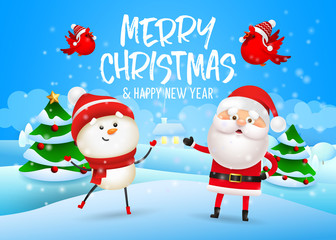 Merry Christmas banner design with snowman and Santa Claus on blue winter hill background flying red birds. Lettering can be used for New Year invitations, signs, announcements