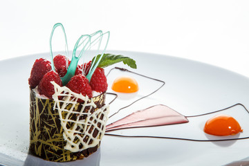 closeup chocolate raspberry dessert with exclusive decoration