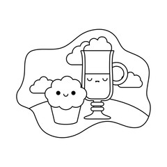 delicious cupcake with drink kawaii style