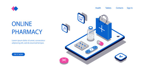 Online pharmacy shopping. Visualization on screen mobile phone the tablets and package, modern concept medicine, receipt of check, search for drugs online. Vector isometric illustration.